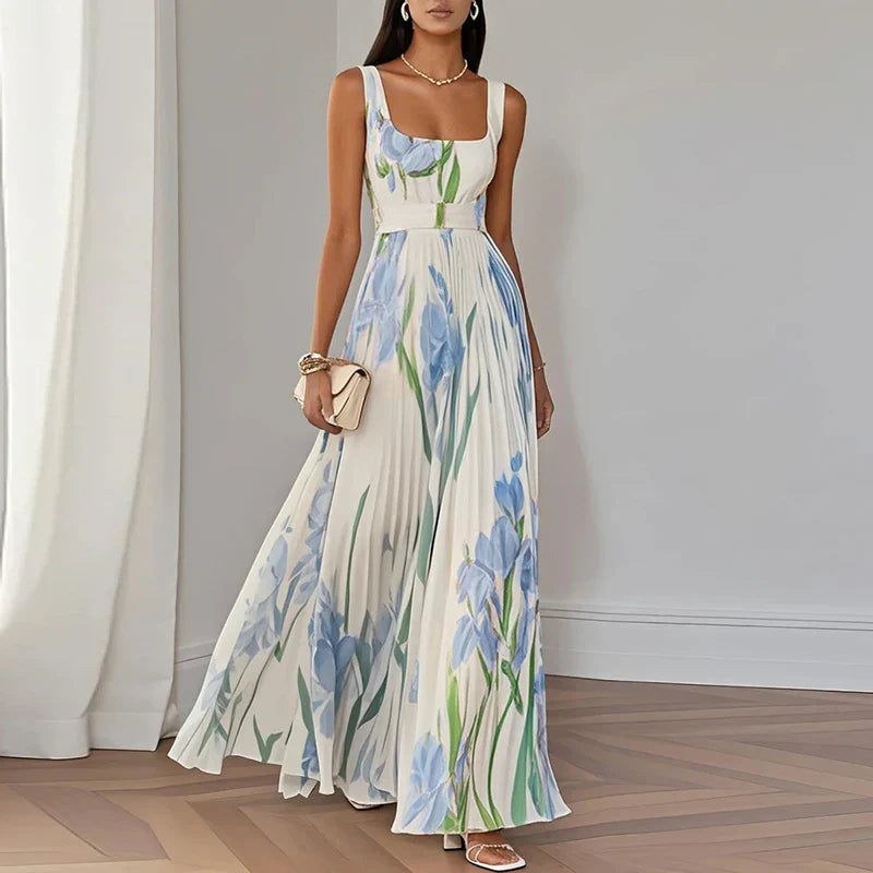 Women's floral square neck maxi dress in white & blue