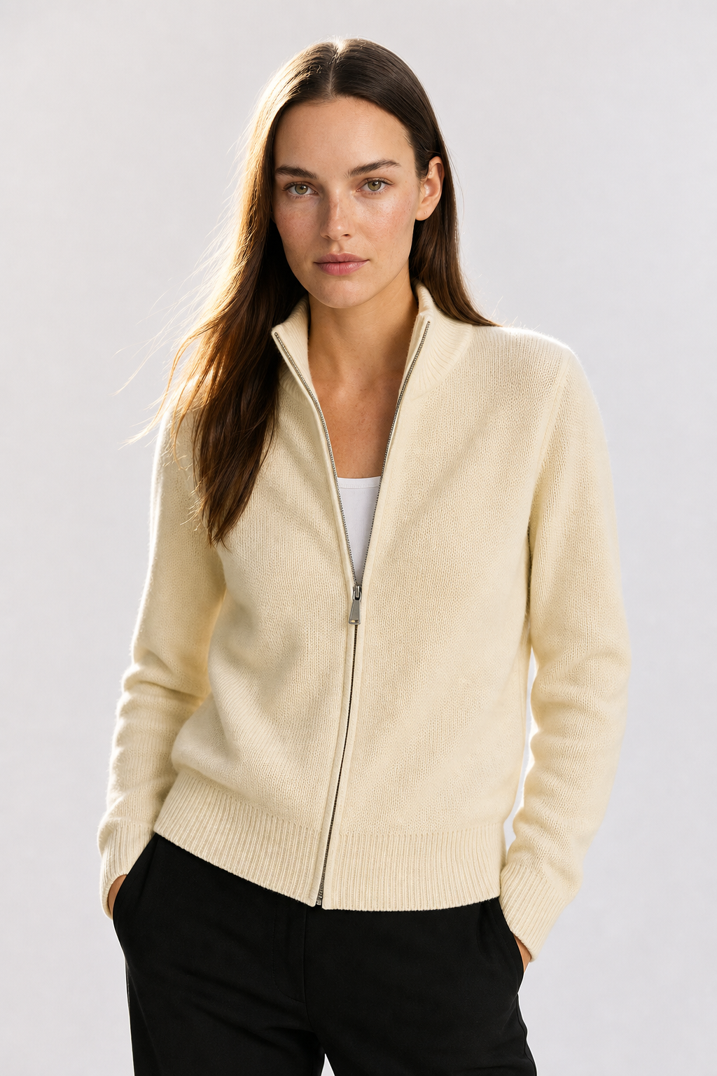 Women's Zip-Up Knit Cardigan with Stand Collar
