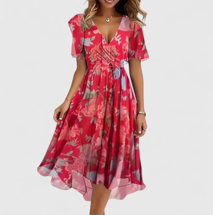 Women's floral flutter sleeve mini dress in beige floral