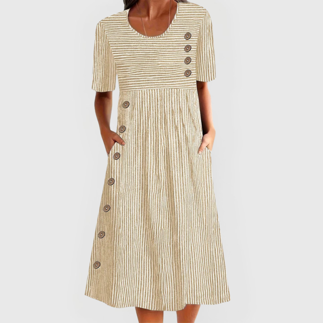 Women's striped midi dress in beige
