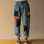 Cat Print Ripped Wide Leg Jeans - Colorful Cat Design