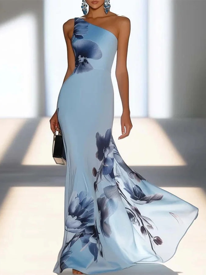 Women's floral one-shoulder maxi dress in light blue - front