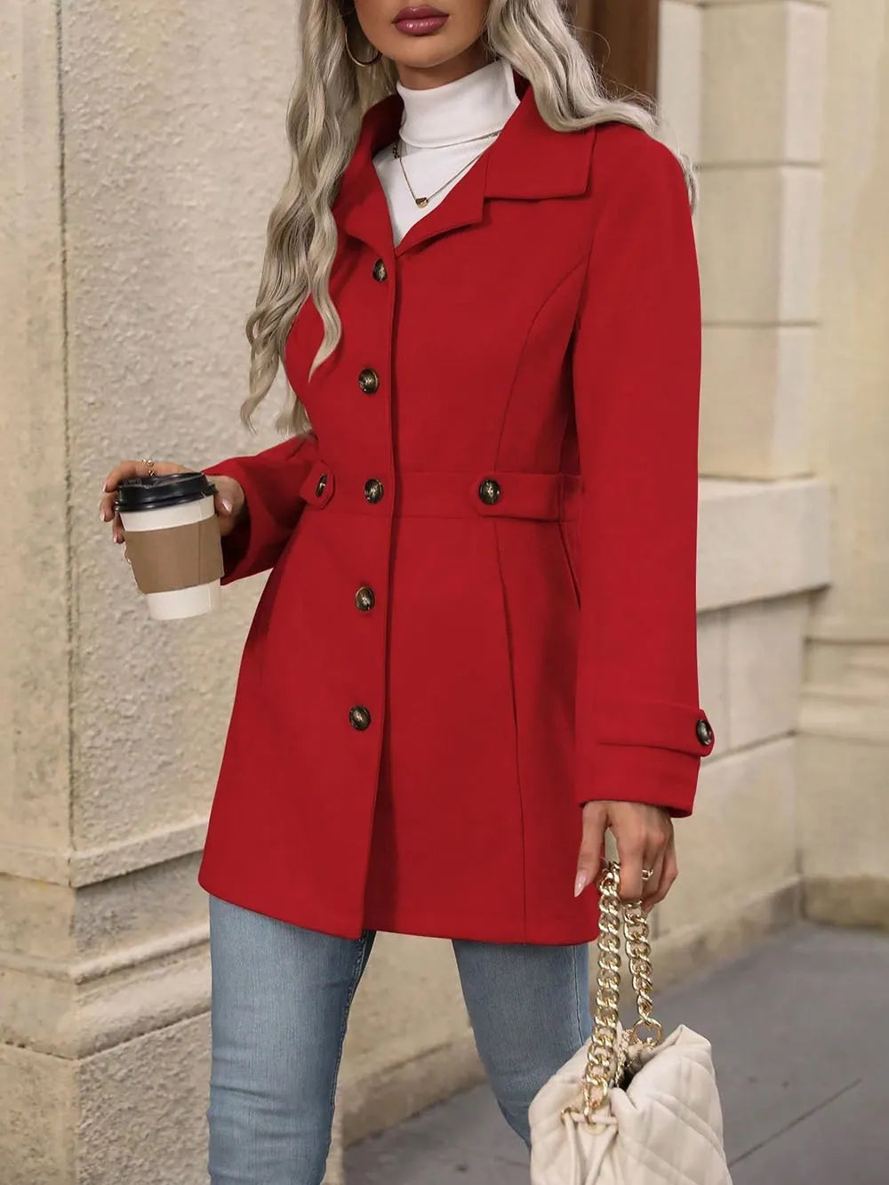 Women's Tailored Belted City Coat with Notch Collar