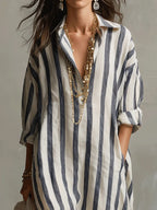 Women's woven striped shirt dress in blue - detail