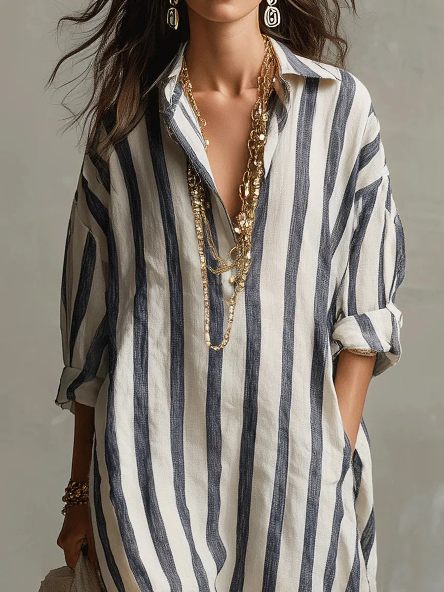 Women's woven striped shirt dress in blue - detail