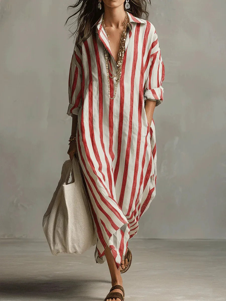 Women's woven striped shirt dress in earthy yellow