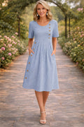 Women's striped button-front midi dress in blue