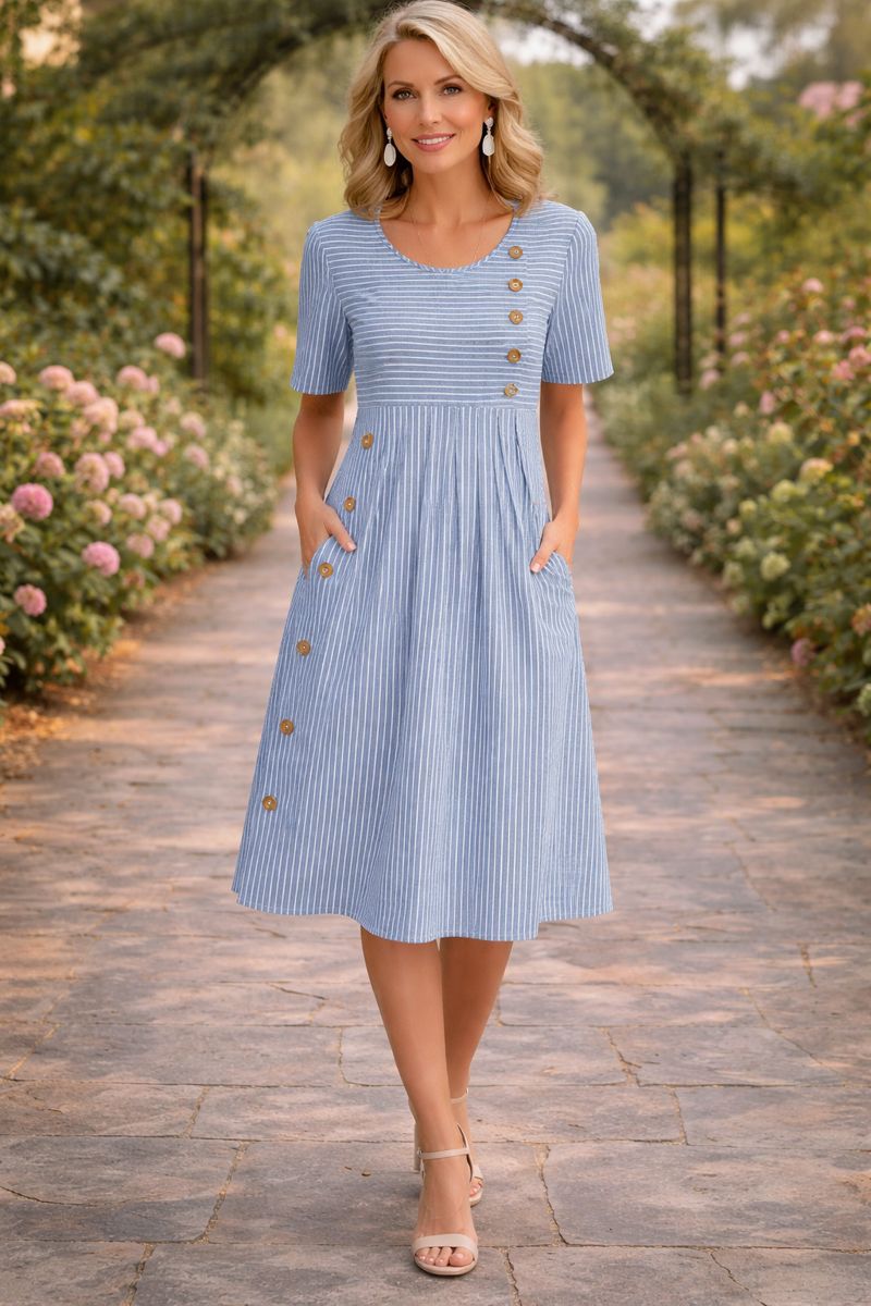 Women's striped button-front midi dress in blue