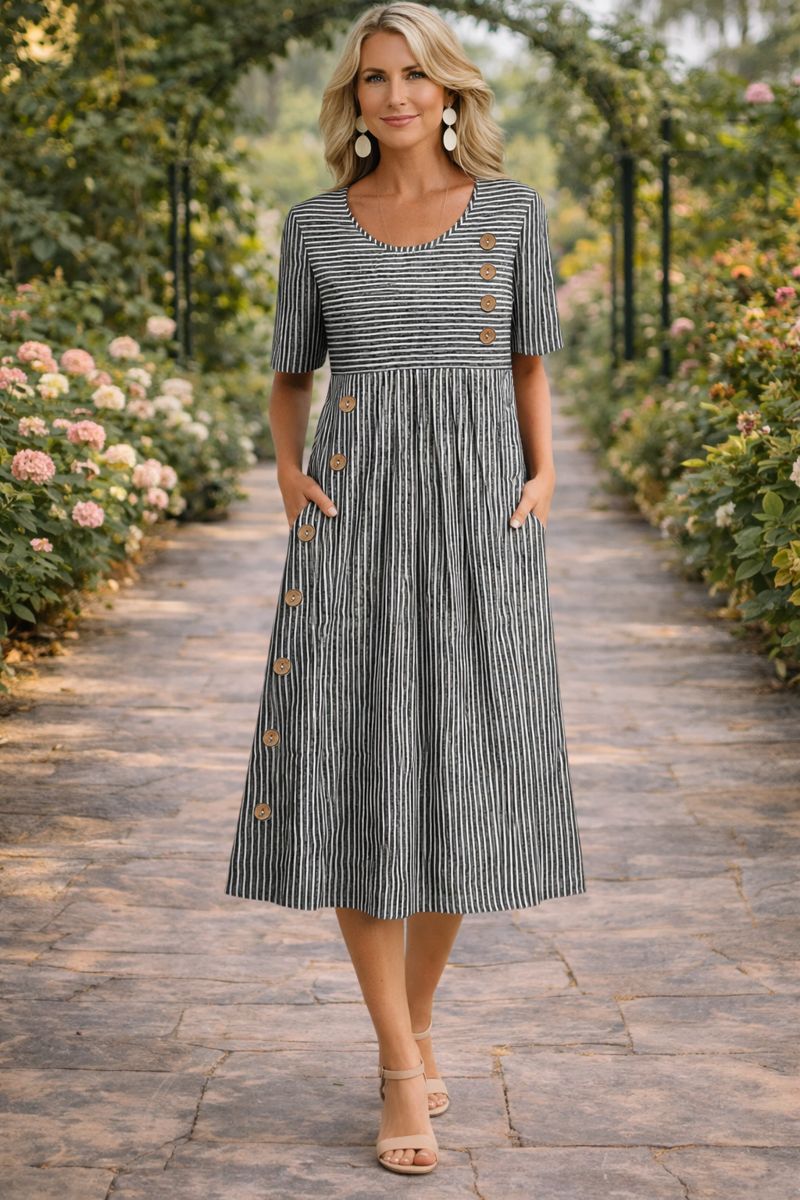 Women's striped button-front midi dress in beige