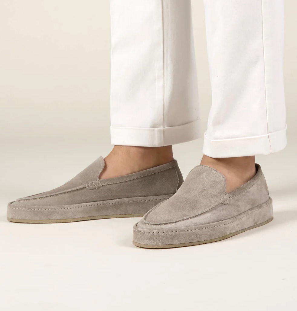 Men's Suede Slip-On Loafers with Moc Toe - Beige