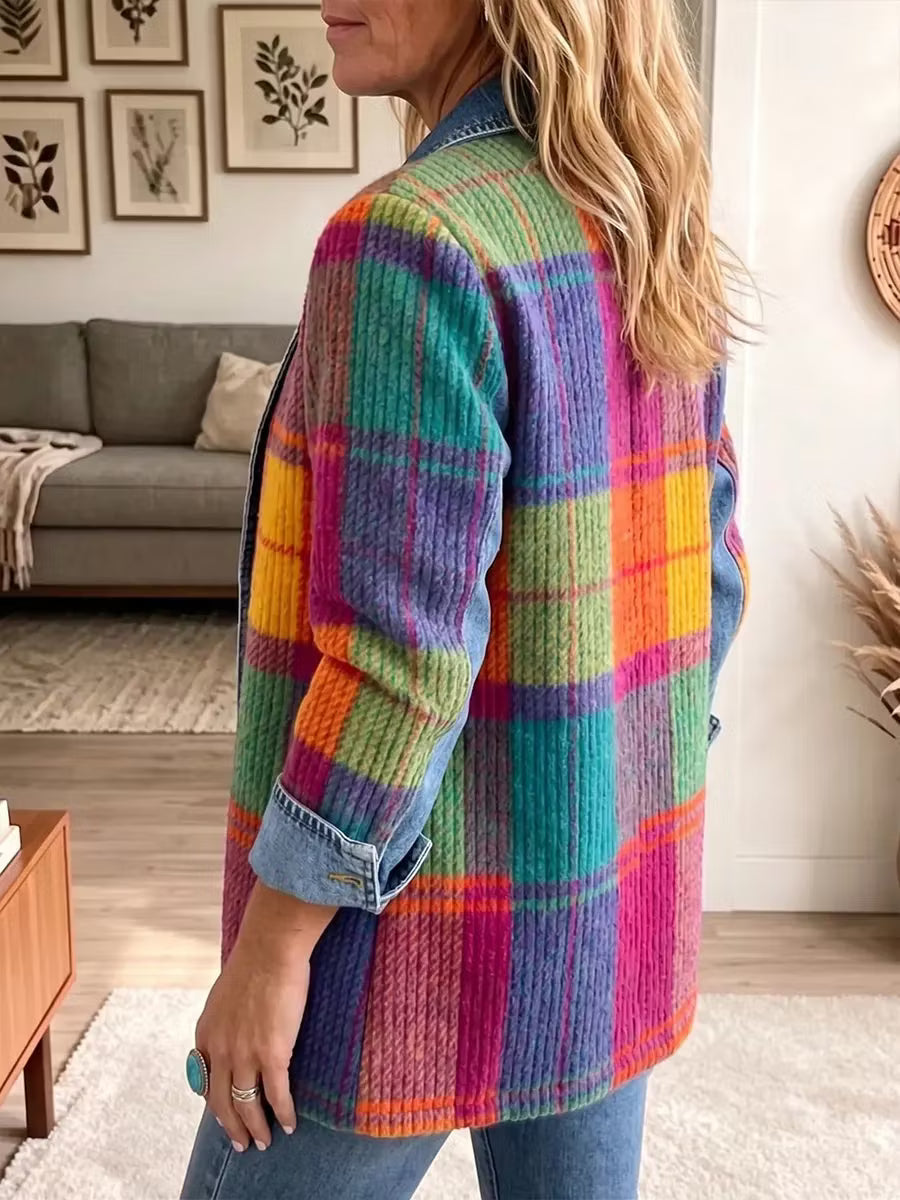 Women's Color-Block Plaid Knit Jacket