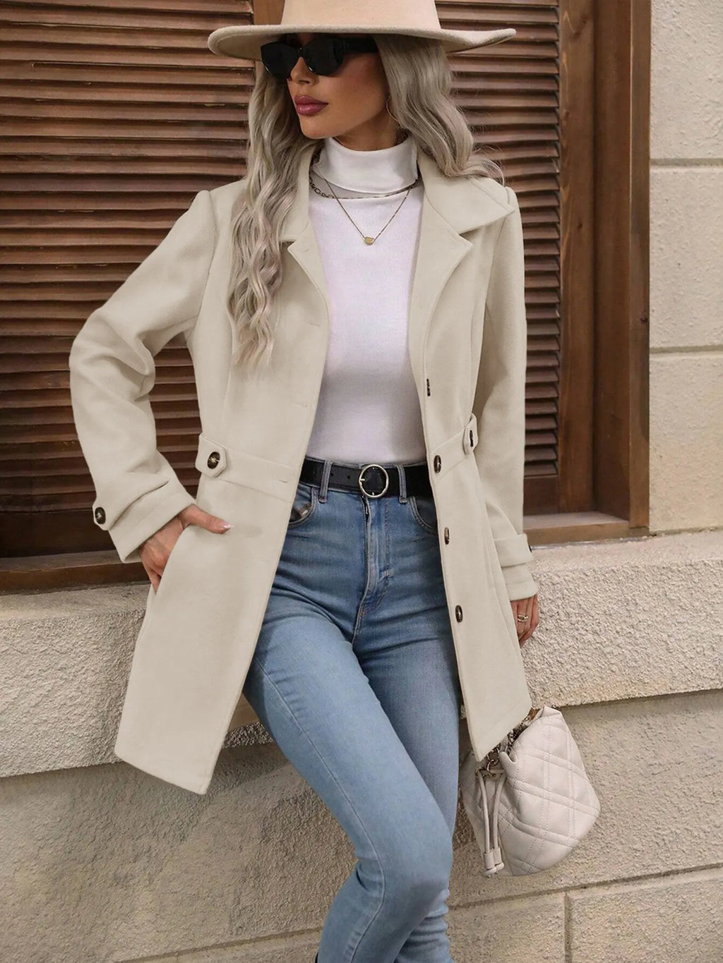 Women's Tailored Belted City Coat with Notch Collar