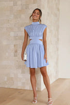 Women's high neck cutout waist mini dress in blue - front