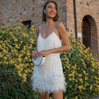 Women's Sequin Mini Dress with Feather Hem - White