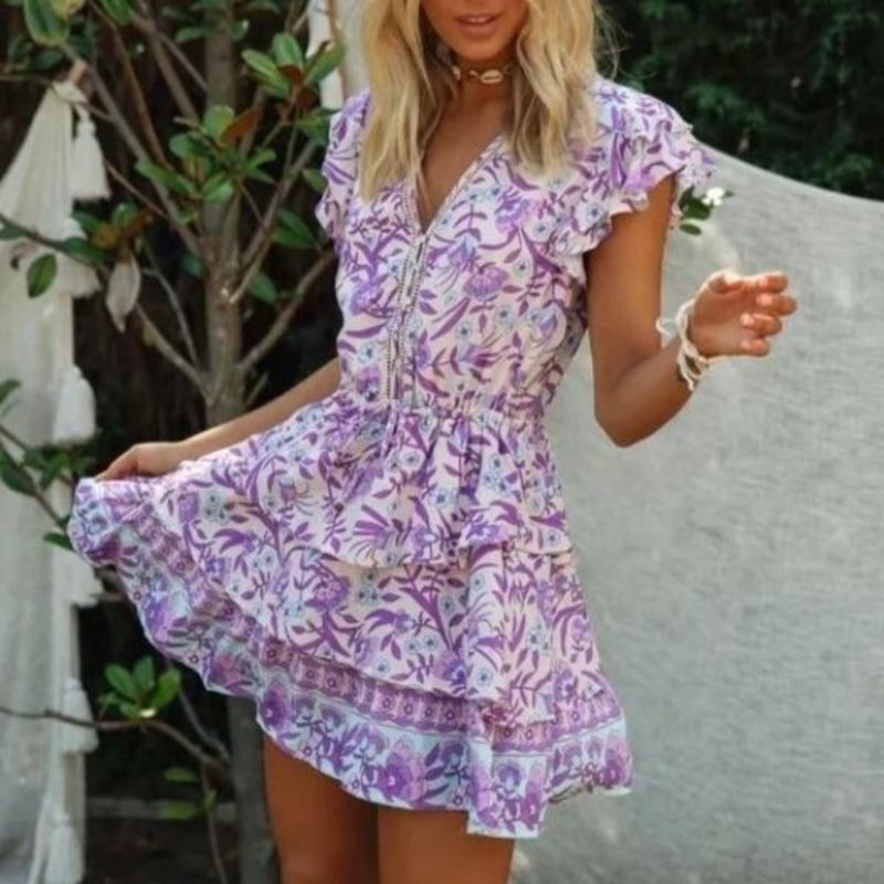 Women's boho floral v-neck mini dress in purple