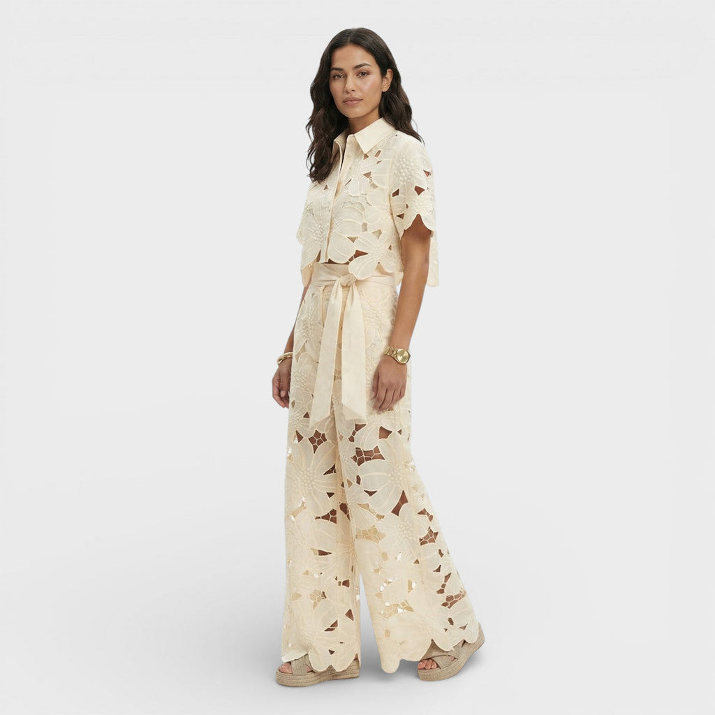 Floral Cut-Out Top and Wide-Leg Pants Set - Yellow