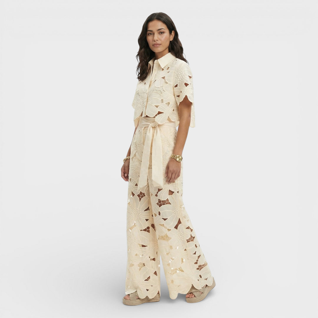 Floral Cut-Out Top and Wide-Leg Pants Set - Yellow