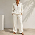 Women's Zip-Collar Two-Piece Set with Wide-Leg Trousers