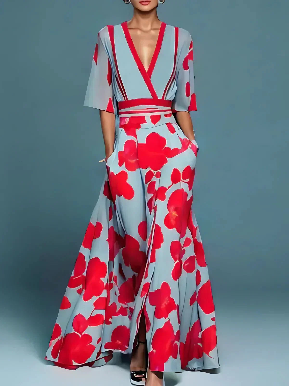 Women's floral print v-neck maxi dress in red