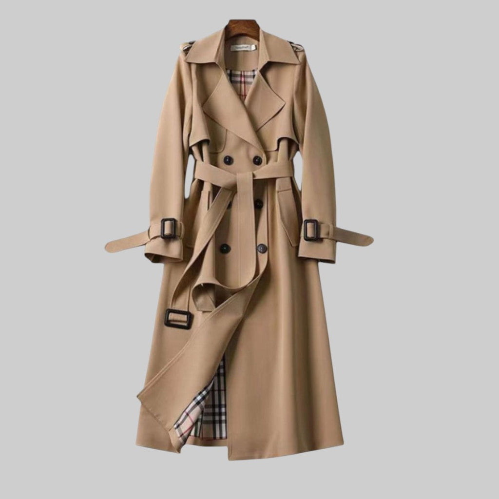 Women's Double-Breasted Longline Trench Coat with Belted Waist