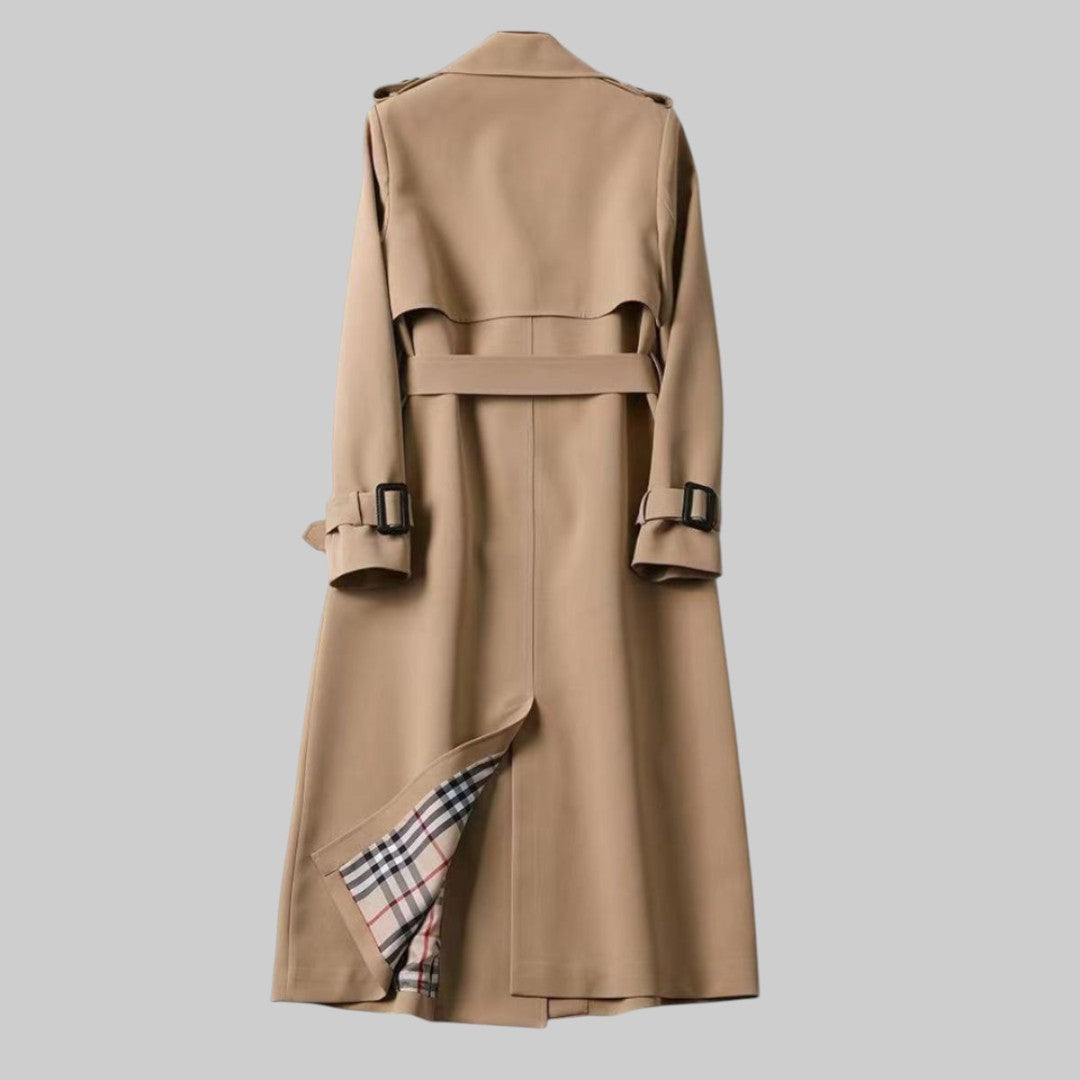 Women's Double-Breasted Longline Trench Coat with Belted Waist