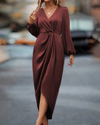 Women's V-Neck A-Line Midi Dress with Lantern Sleeves