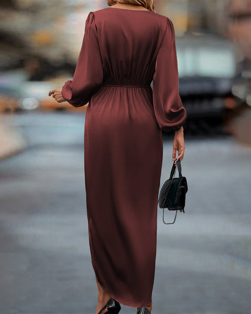 Women's V-Neck A-Line Midi Dress with Lantern Sleeves