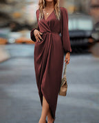 Women's V-Neck A-Line Midi Dress with Lantern Sleeves