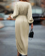 Women's V-Neck A-Line Midi Dress with Lantern Sleeves