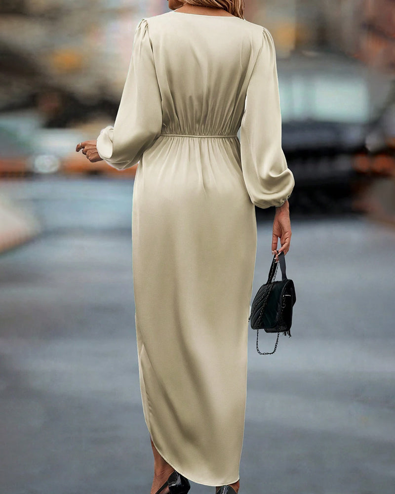 Women's V-Neck A-Line Midi Dress with Lantern Sleeves
