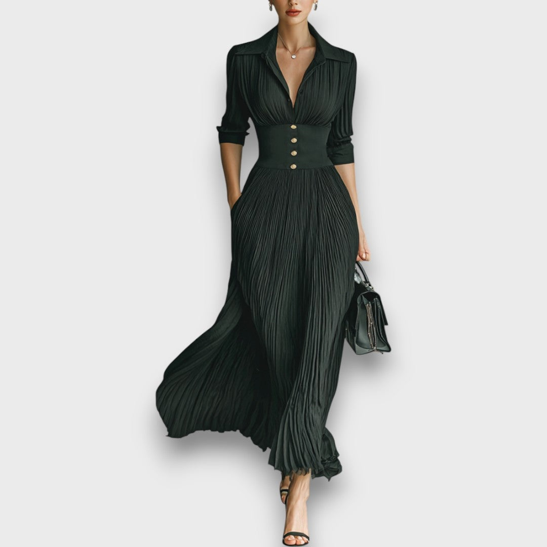 Women's lapel collar maxi dress in black - front