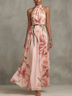 Women's floral halter boho maxi dress in pink - front