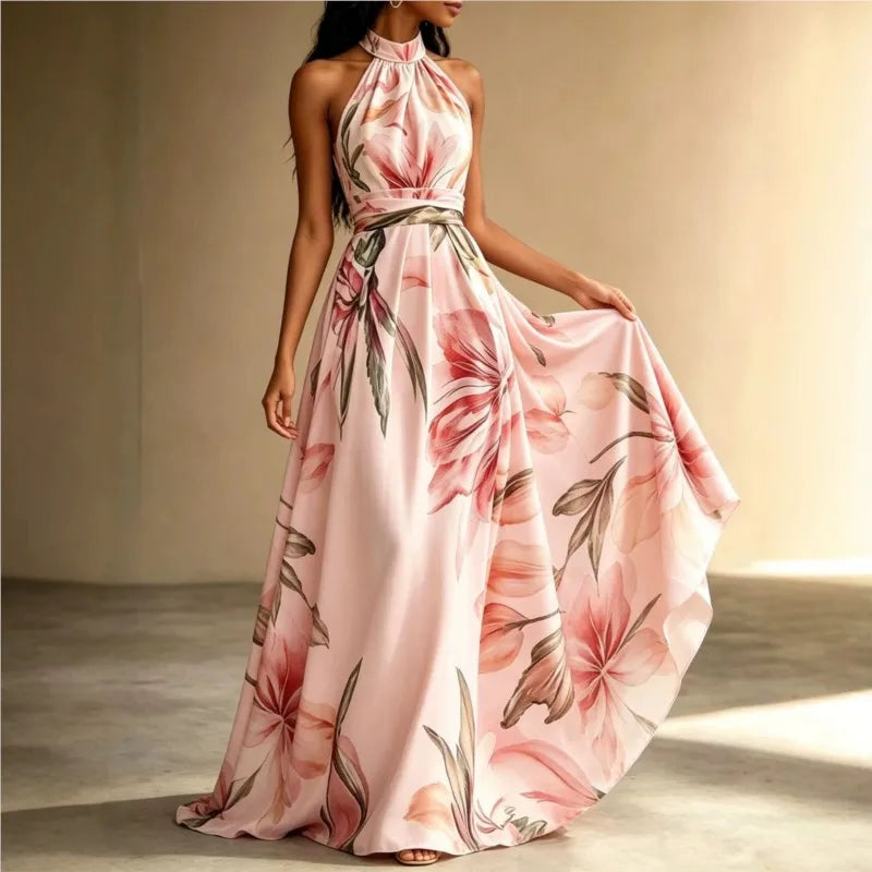 Women's floral halter boho maxi dress in pink - detail