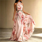Women's floral halter boho maxi dress in pink - detail