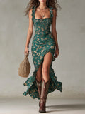 Women's floral boho maxi dress in green - front