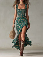 Women's floral boho maxi dress in green - front