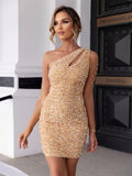 Women's sequin one-shoulder mini dress in golden