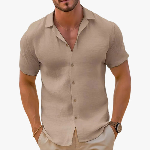 Men's woven button-front shirt in khaki