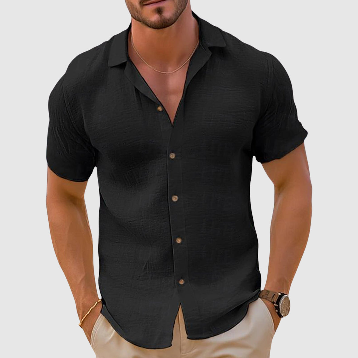 Men's woven button-front shirt in black