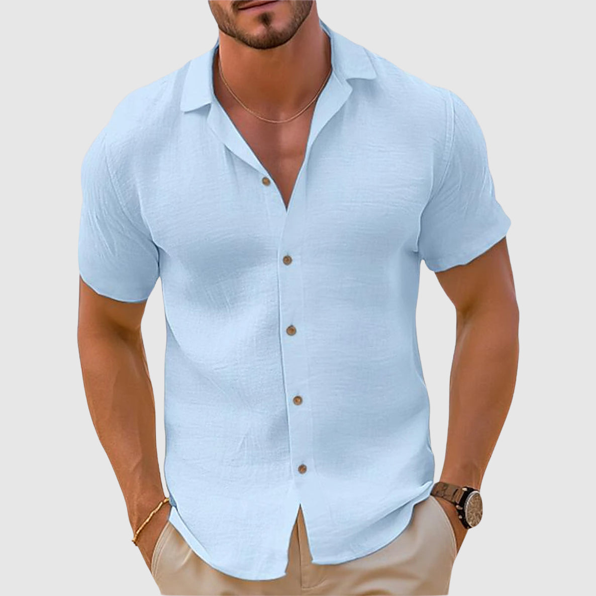 Men's woven button-front shirt in blue