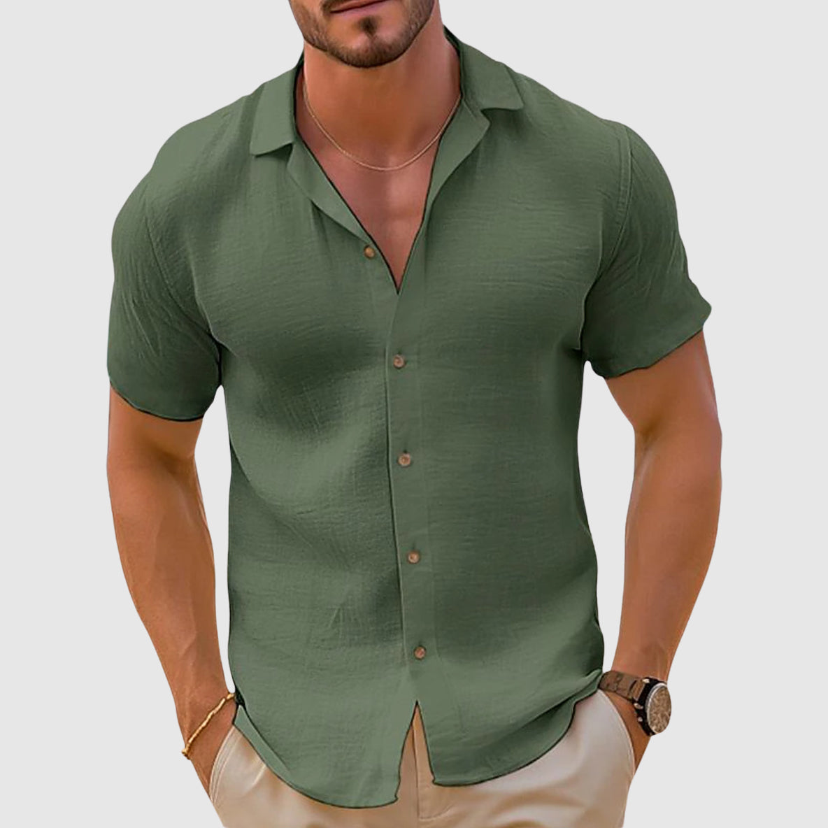 Men's woven button-front shirt in green