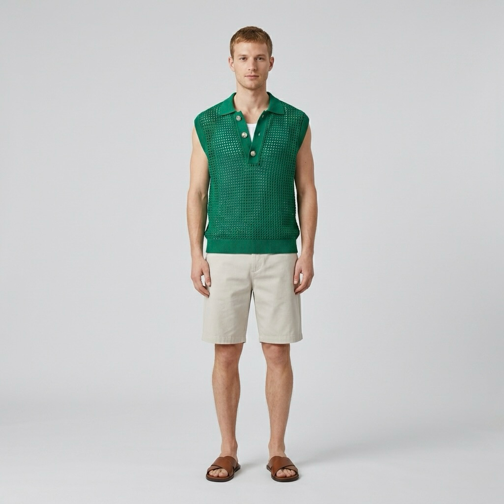 Mens Open-Knit Sleeveless Polo front view