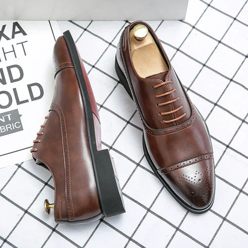 Men's Lace-Up Oxford Shoes with Cap Toe and Polished Finish - Brown