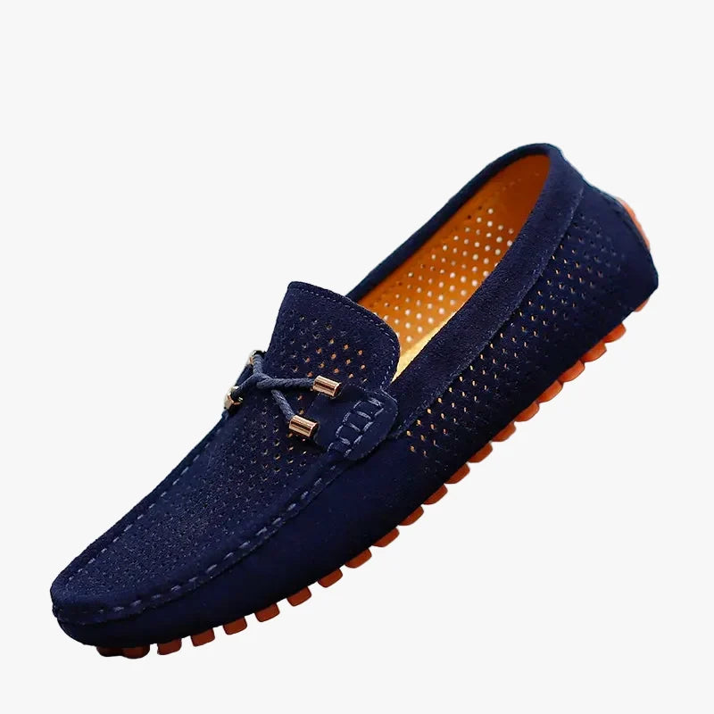 Men's Perforated Suede Loafers with Moc Toe and Bit Trim - Blue