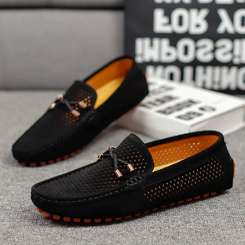 Men's Perforated Suede Loafers with Moc Toe and Bit Trim - Gray