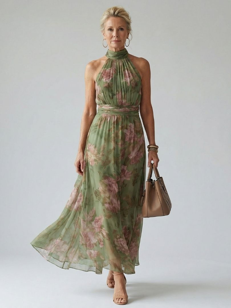 Women's halter neck midi dress in green - front