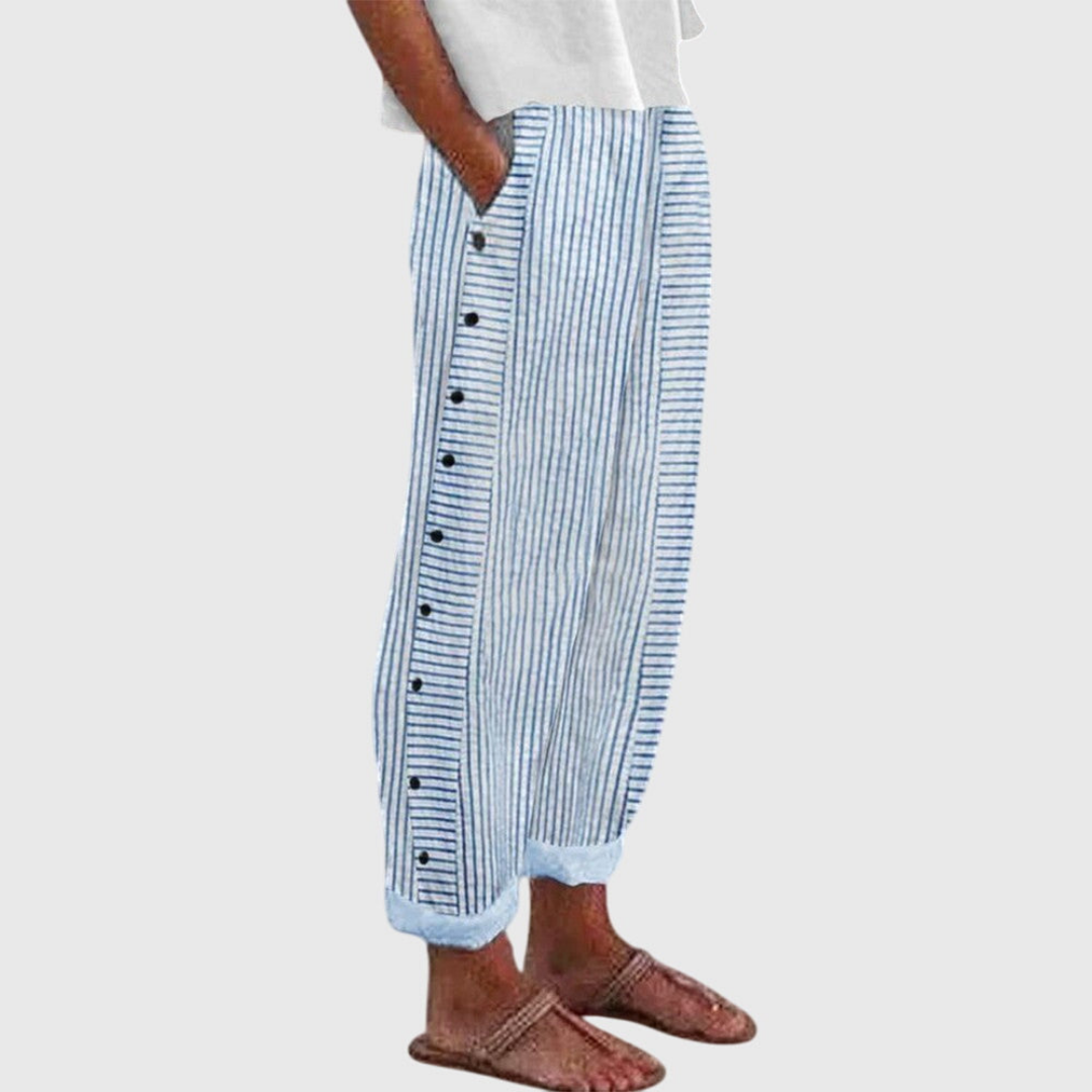 Women's striped button-side pants in blue