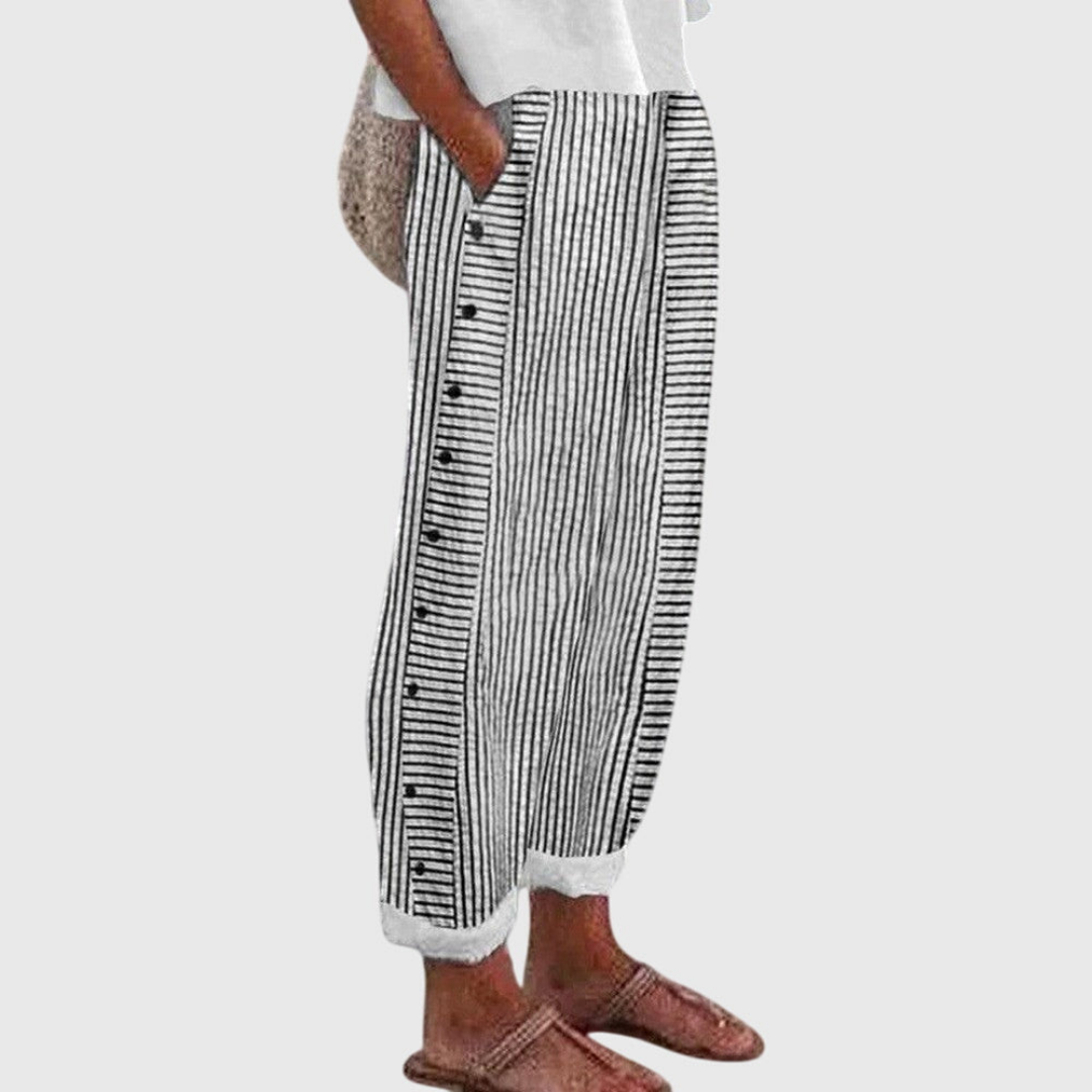 Women's striped button-side pants in black