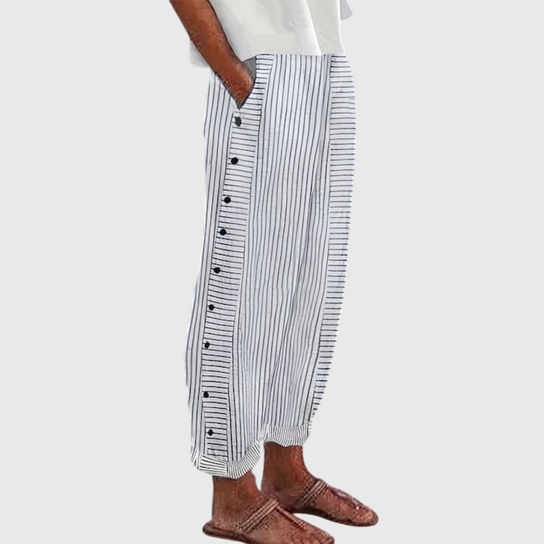Women's striped button-side pants in gray