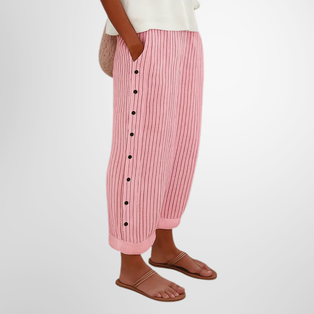 Women's striped button-side pants in red